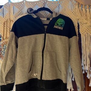 Fortnite gray black full zip hooded hoodie sweatshirt kids 14-16 adults XS?